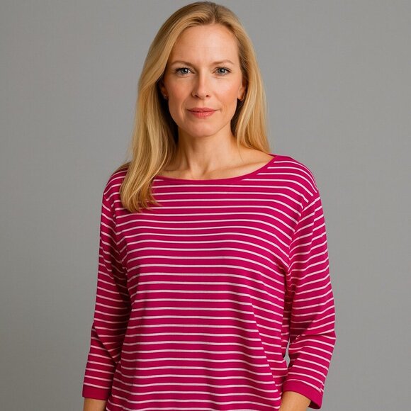 Chaps Women’s 2X Plus Hot Pink White Striped 3/4 Sleeve Preppy Casual Top Shirt - Picture 1 of 7